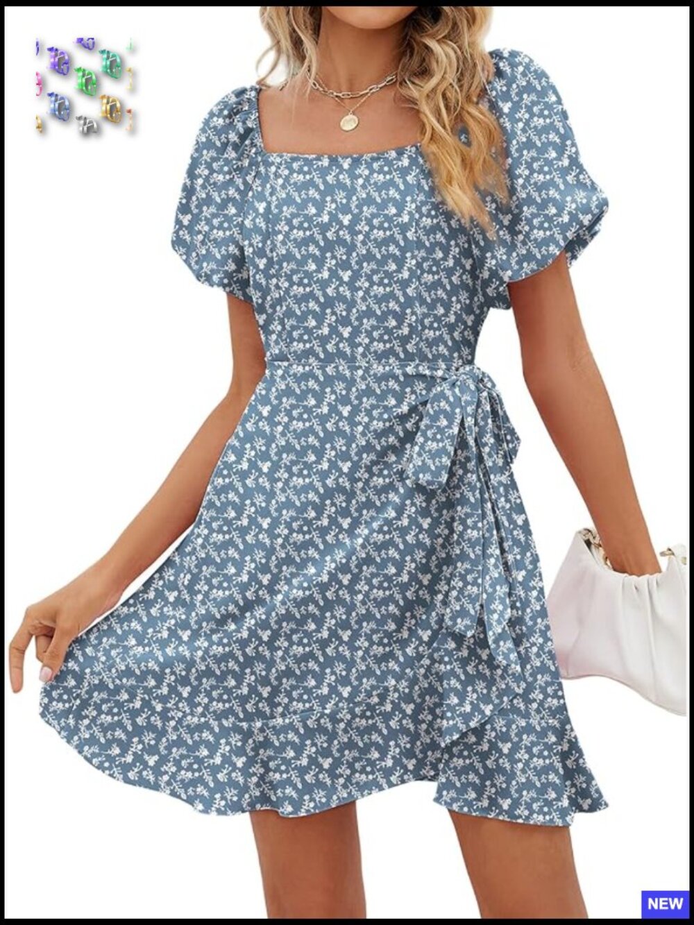 Puff Sleeve Square Neck Tie Waist Summer Dress Casual Chic Flowy Ruffle Hem